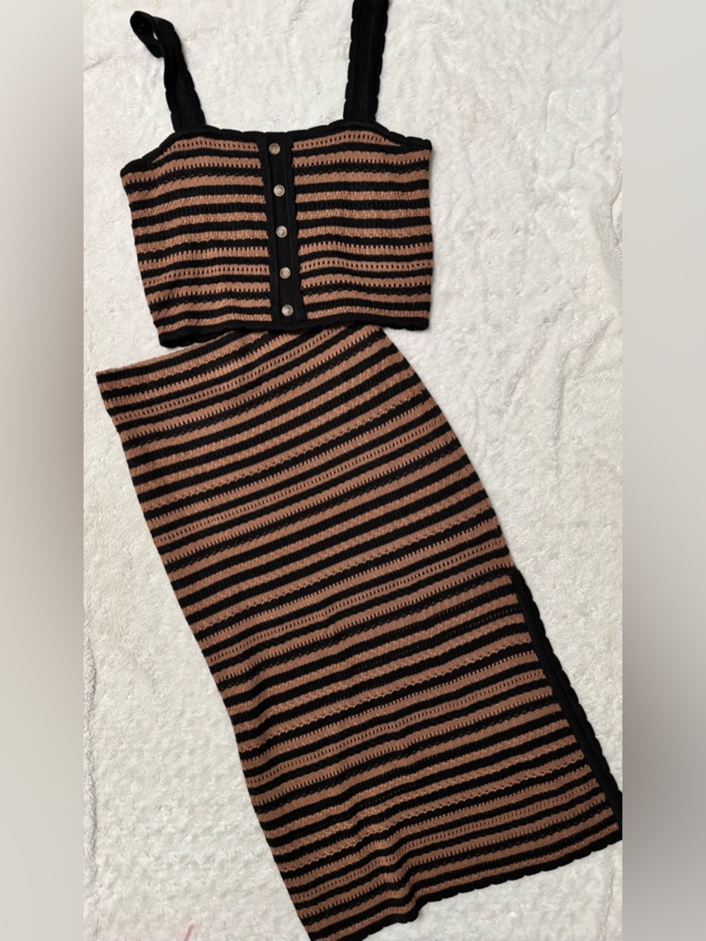 NWOT- PINK LILY Striped Knit Crop Top & Midi Skirt Set — Black and Brown